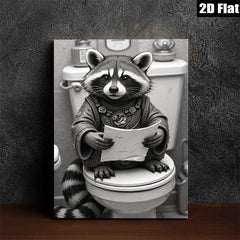 2D flat 1pc Whimsical raccoon reading on toilet humorous bathroom wall art for home decor living room bedroom gallery wrapped canvas prints modern farmhouse style