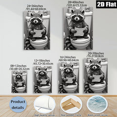 2D flat 1pc Whimsical raccoon reading on toilet humorous bathroom wall art for home decor living room bedroom gallery wrapped canvas prints modern farmhouse style
