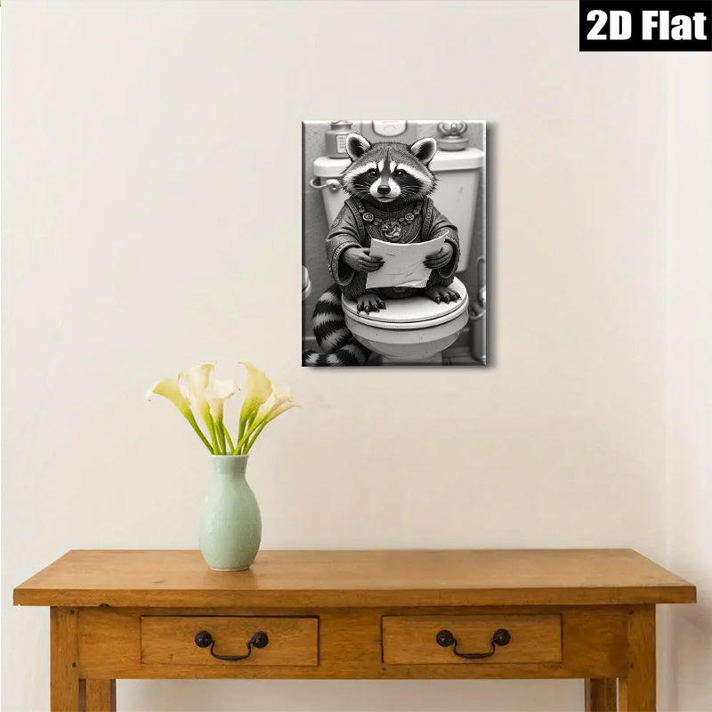 2D flat 1pc Whimsical raccoon reading on toilet humorous bathroom wall art for home decor living room bedroom gallery wrapped canvas prints modern farmhouse style