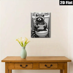 2D flat 1pc Whimsical raccoon reading on toilet humorous bathroom wall art for home decor living room bedroom gallery wrapped canvas prints modern farmhouse style
