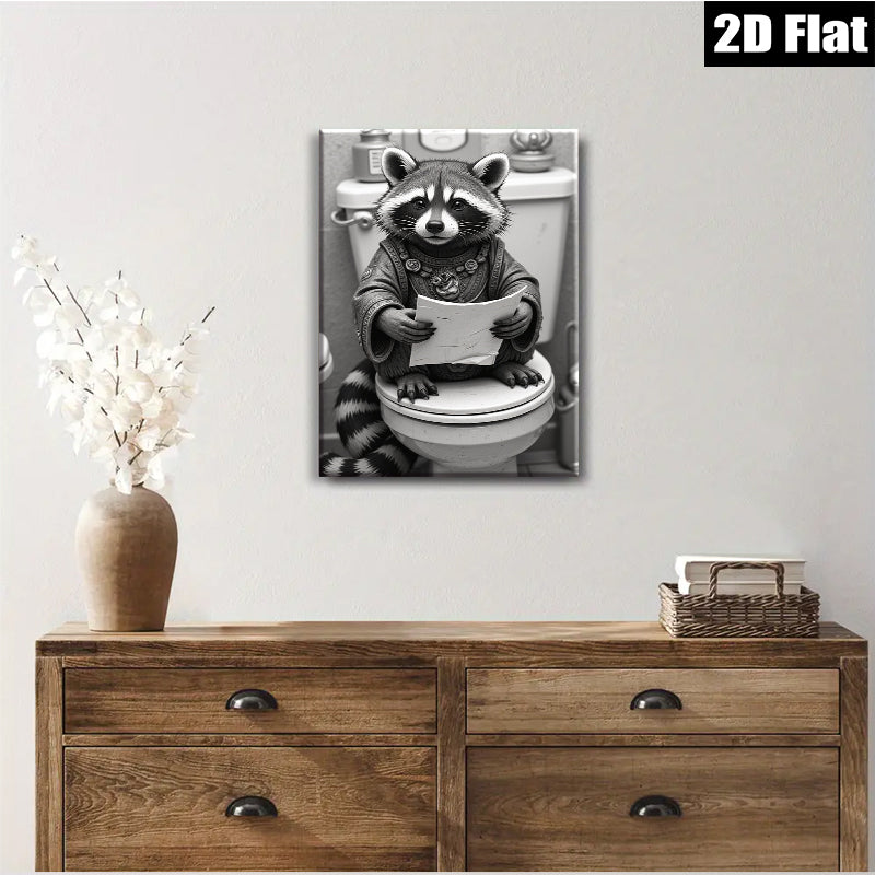 2D flat 1pc Whimsical raccoon reading on toilet humorous bathroom wall art for home decor living room bedroom gallery wrapped canvas prints modern farmhouse style