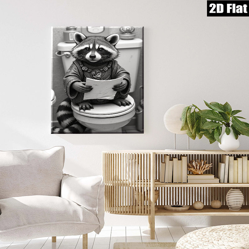 2D flat 1pc Whimsical raccoon reading on toilet humorous bathroom wall art for home decor living room bedroom gallery wrapped canvas prints modern farmhouse style