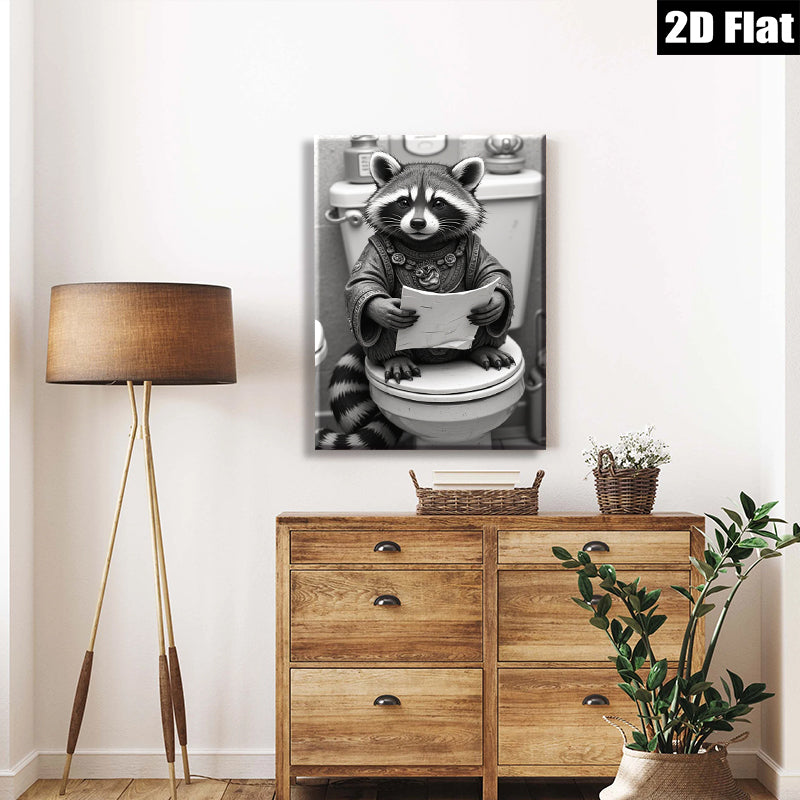2D flat 1pc Whimsical raccoon reading on toilet humorous bathroom wall art for home decor living room bedroom gallery wrapped canvas prints modern farmhouse style
