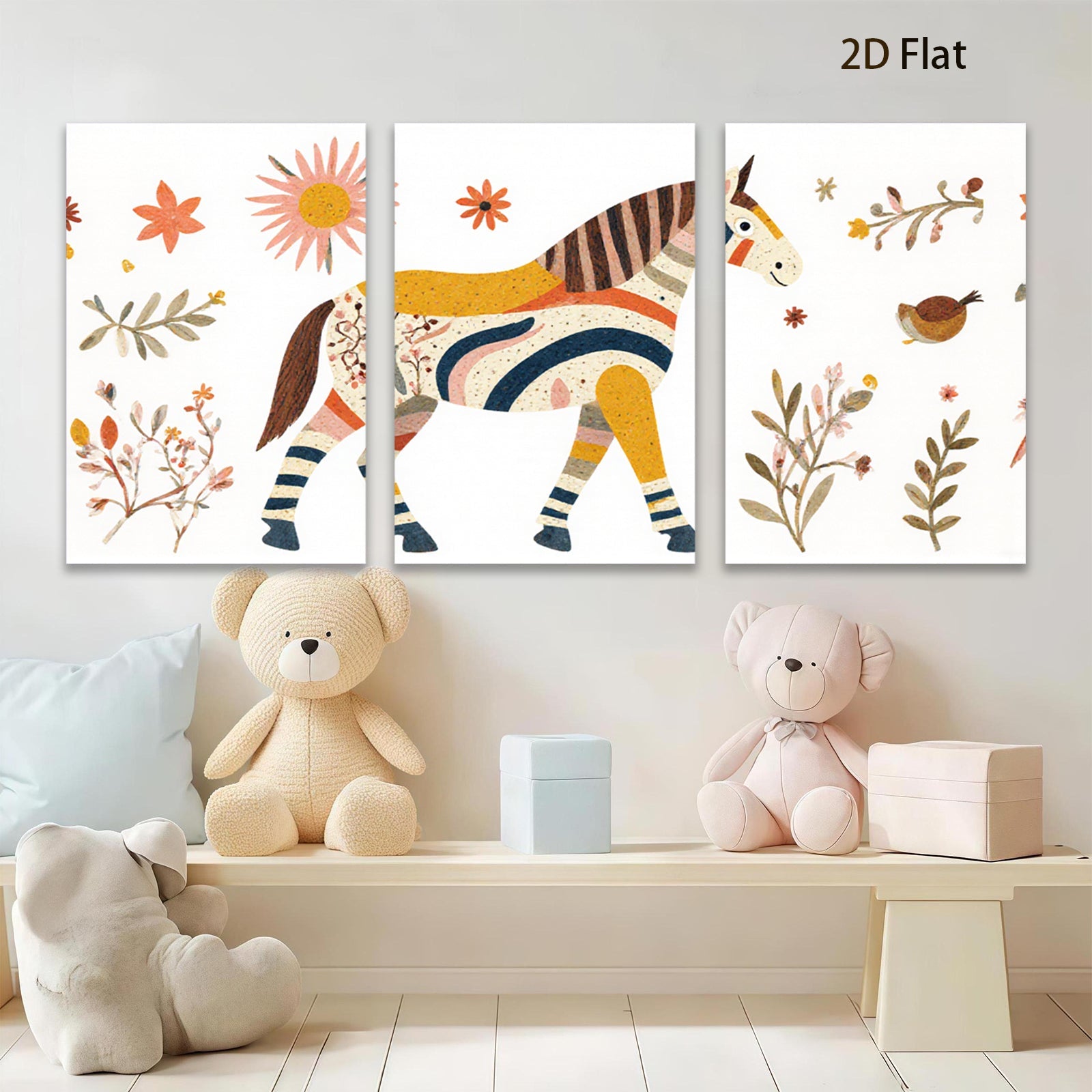 2D flat 1pc Whimsical striped horse botanical wall art farmhouse decor bedroom living room gallery wrapped canvas prints modern minimalist art