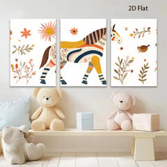 2D flat 1pc Whimsical striped horse botanical wall art farmhouse decor bedroom living room gallery wrapped canvas prints modern minimalist art