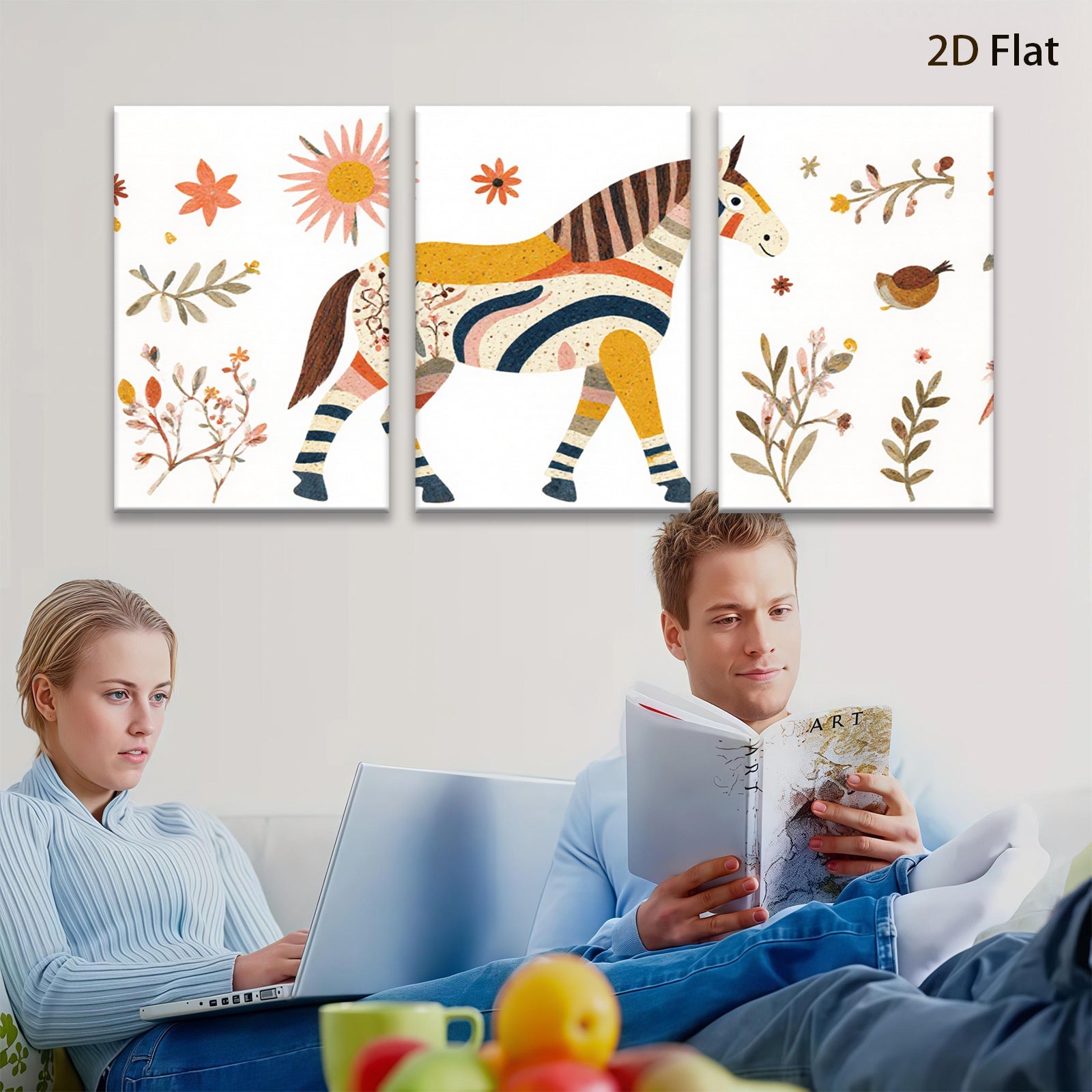 2D flat 1pc Whimsical striped horse botanical wall art farmhouse decor bedroom living room gallery wrapped canvas prints modern minimalist art