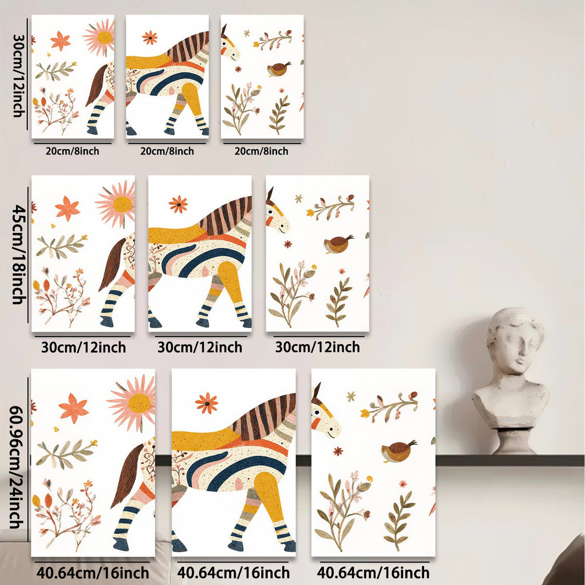 2D flat 1pc Whimsical striped horse botanical wall art farmhouse decor bedroom living room gallery wrapped canvas prints modern minimalist art