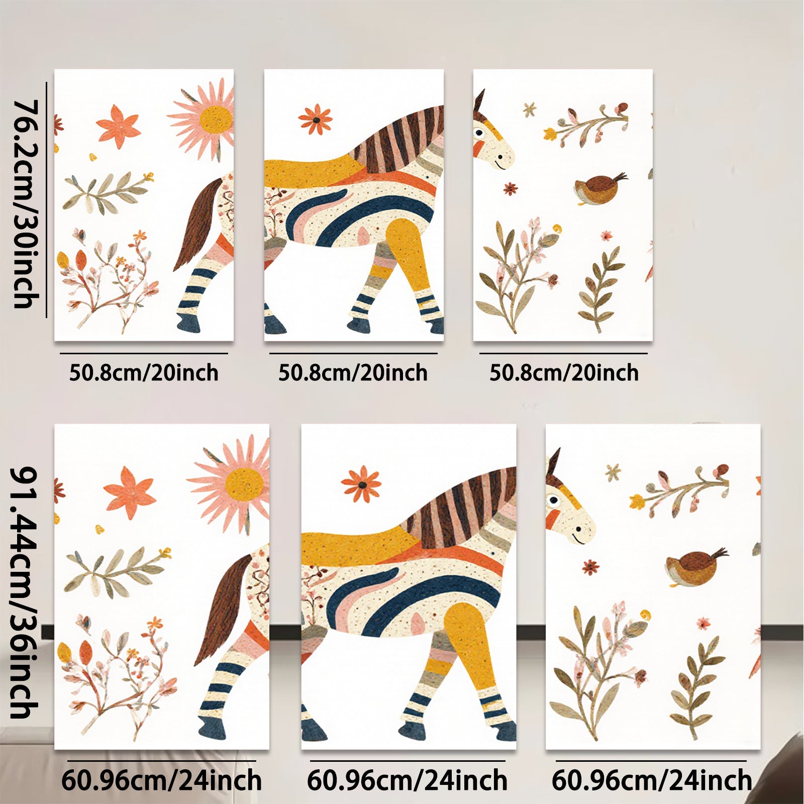 2D flat 1pc Whimsical striped horse botanical wall art farmhouse decor bedroom living room gallery wrapped canvas prints modern minimalist art