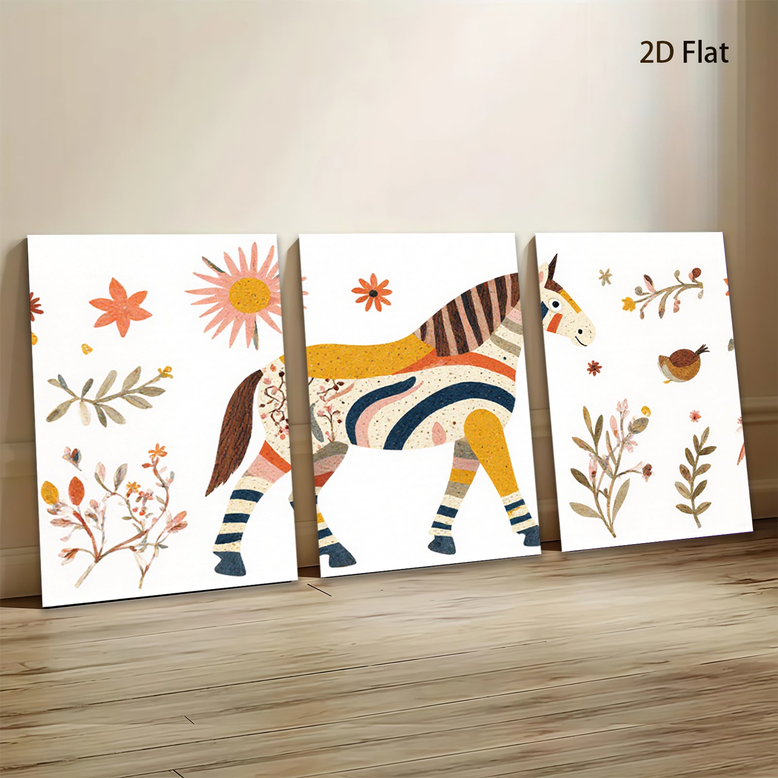 2D flat 1pc Whimsical striped horse botanical wall art farmhouse decor bedroom living room gallery wrapped canvas prints modern minimalist art
