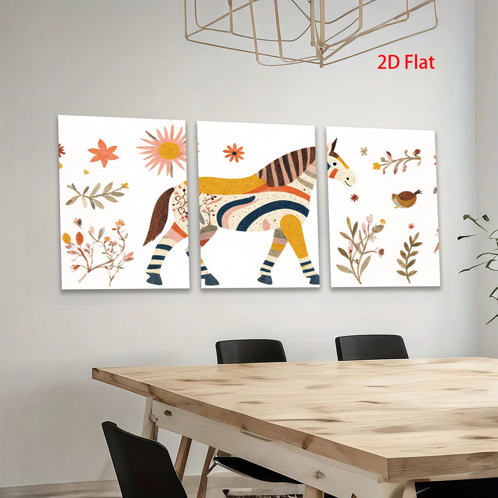 2D flat 1pc Whimsical striped horse botanical wall art farmhouse decor bedroom living room gallery wrapped canvas prints modern minimalist art