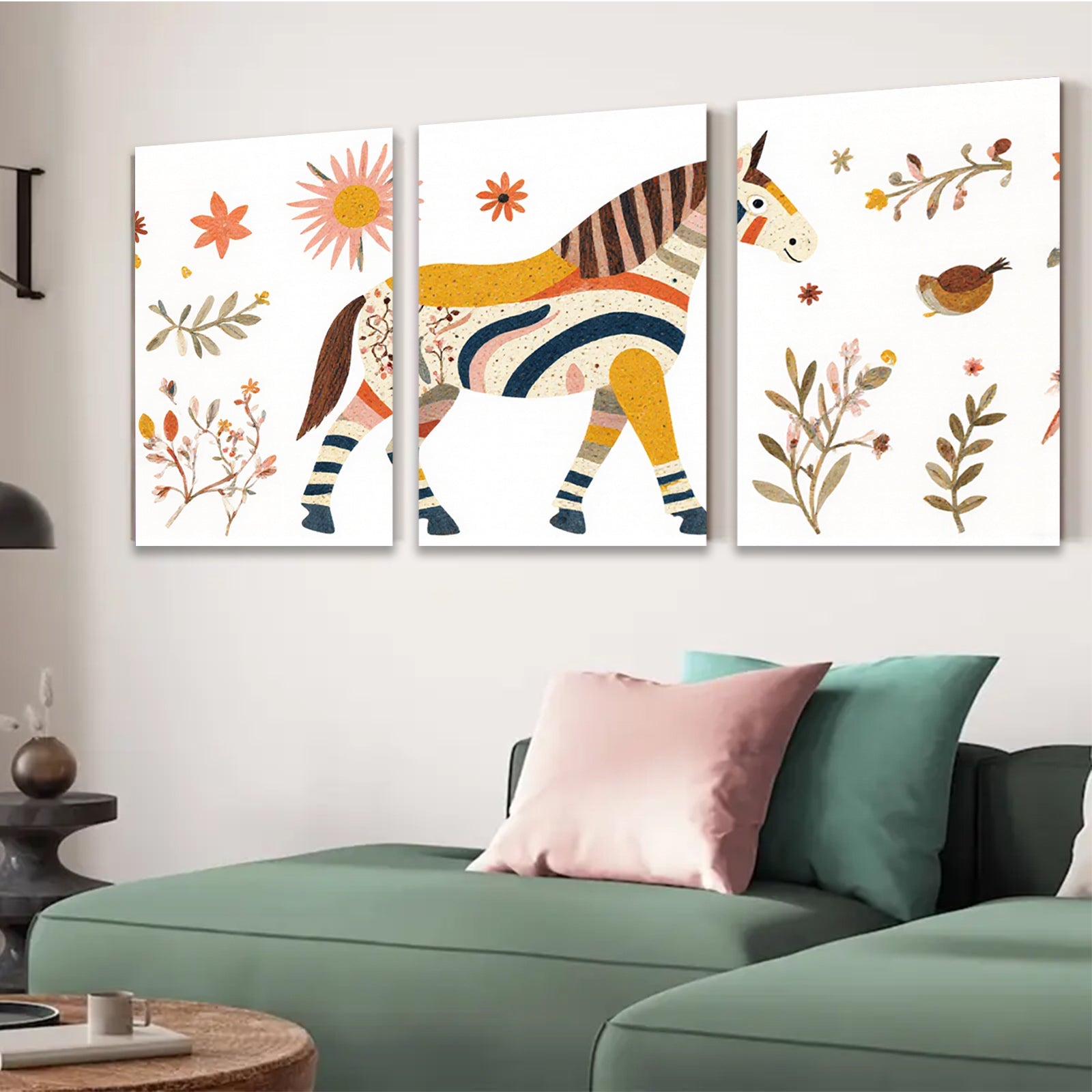 2D flat 1pc Whimsical striped horse botanical wall art farmhouse decor bedroom living room gallery wrapped canvas prints modern minimalist art