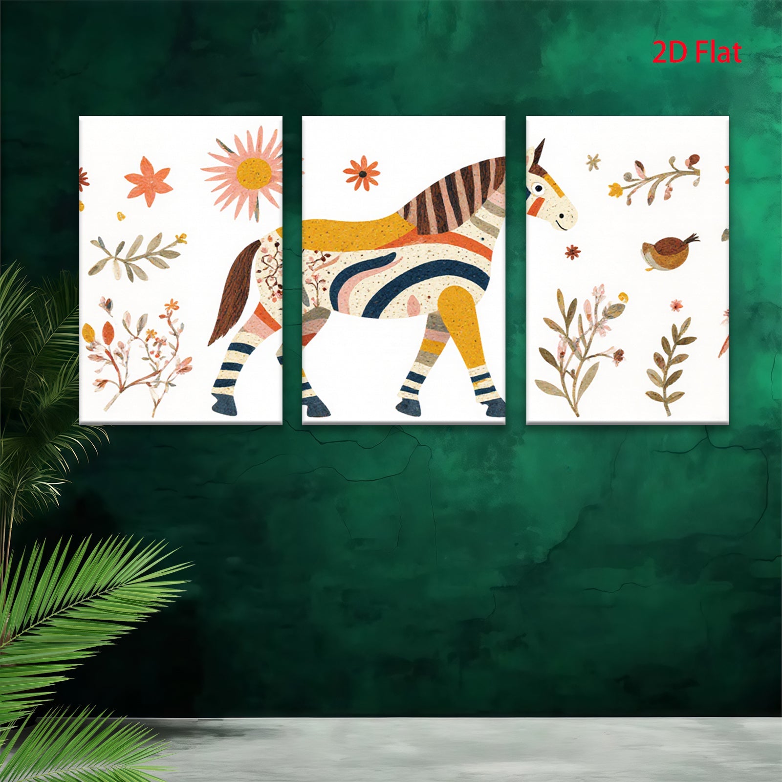 2D flat 1pc Whimsical striped horse botanical wall art farmhouse decor bedroom living room gallery wrapped canvas prints modern minimalist art