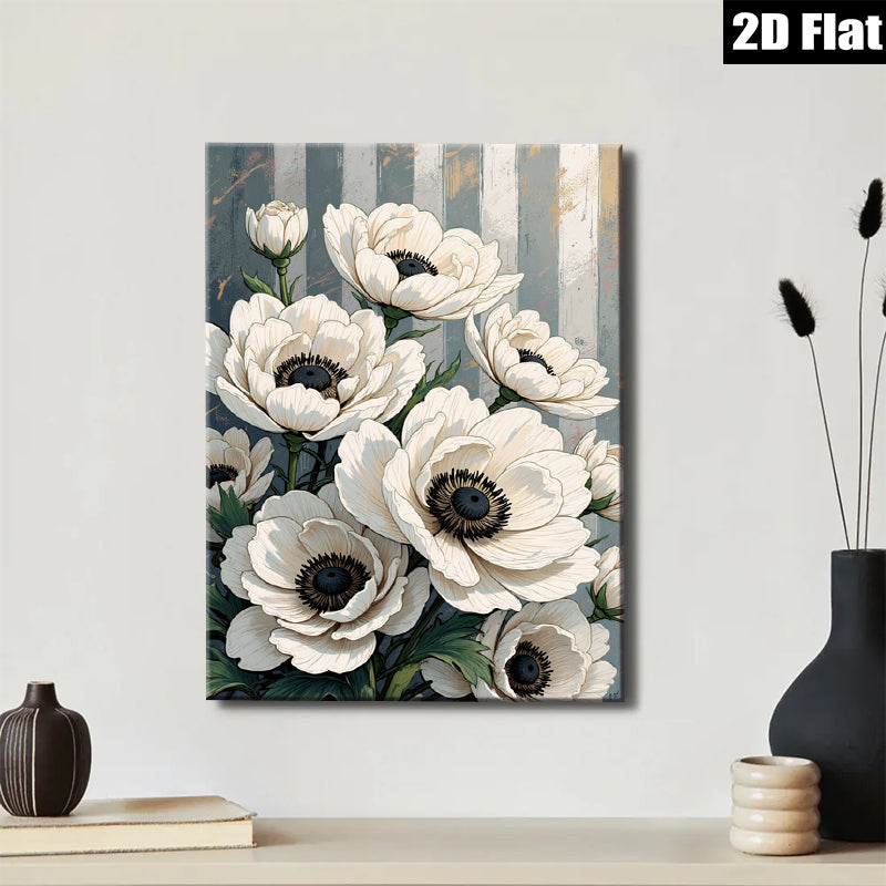 2D flat 1pc White Anemone Floral Botanical Wall Art Decor for Living Room Bedroom Modern Farmhouse Gallery Wrapped Canvas Prints Ready to Hang