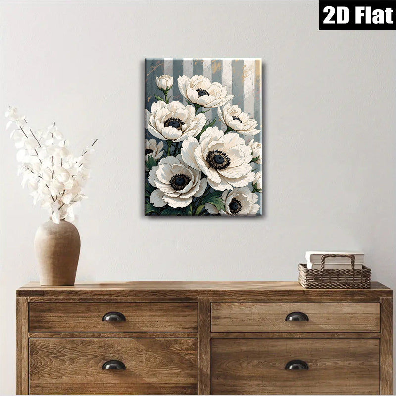 2D flat 1pc White Anemone Floral Botanical Wall Art Decor for Living Room Bedroom Modern Farmhouse Gallery Wrapped Canvas Prints Ready to Hang
