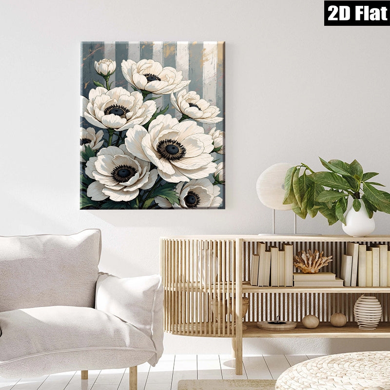 2D flat 1pc White Anemone Floral Botanical Wall Art Decor for Living Room Bedroom Modern Farmhouse Gallery Wrapped Canvas Prints Ready to Hang