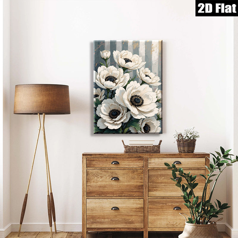 2D flat 1pc White Anemone Floral Botanical Wall Art Decor for Living Room Bedroom Modern Farmhouse Gallery Wrapped Canvas Prints Ready to Hang