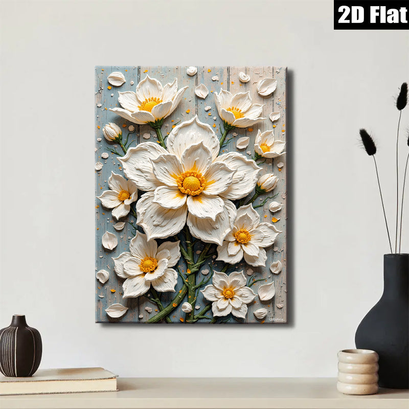 2D flat 1pc White Floral Bloom Canvas Wall Art for Living Room Bedroom Modern Farmhouse Decor Gallery Wrapped Ready to Hang