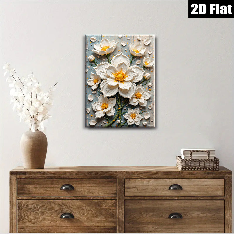 2D flat 1pc White Floral Bloom Canvas Wall Art for Living Room Bedroom Modern Farmhouse Decor Gallery Wrapped Ready to Hang