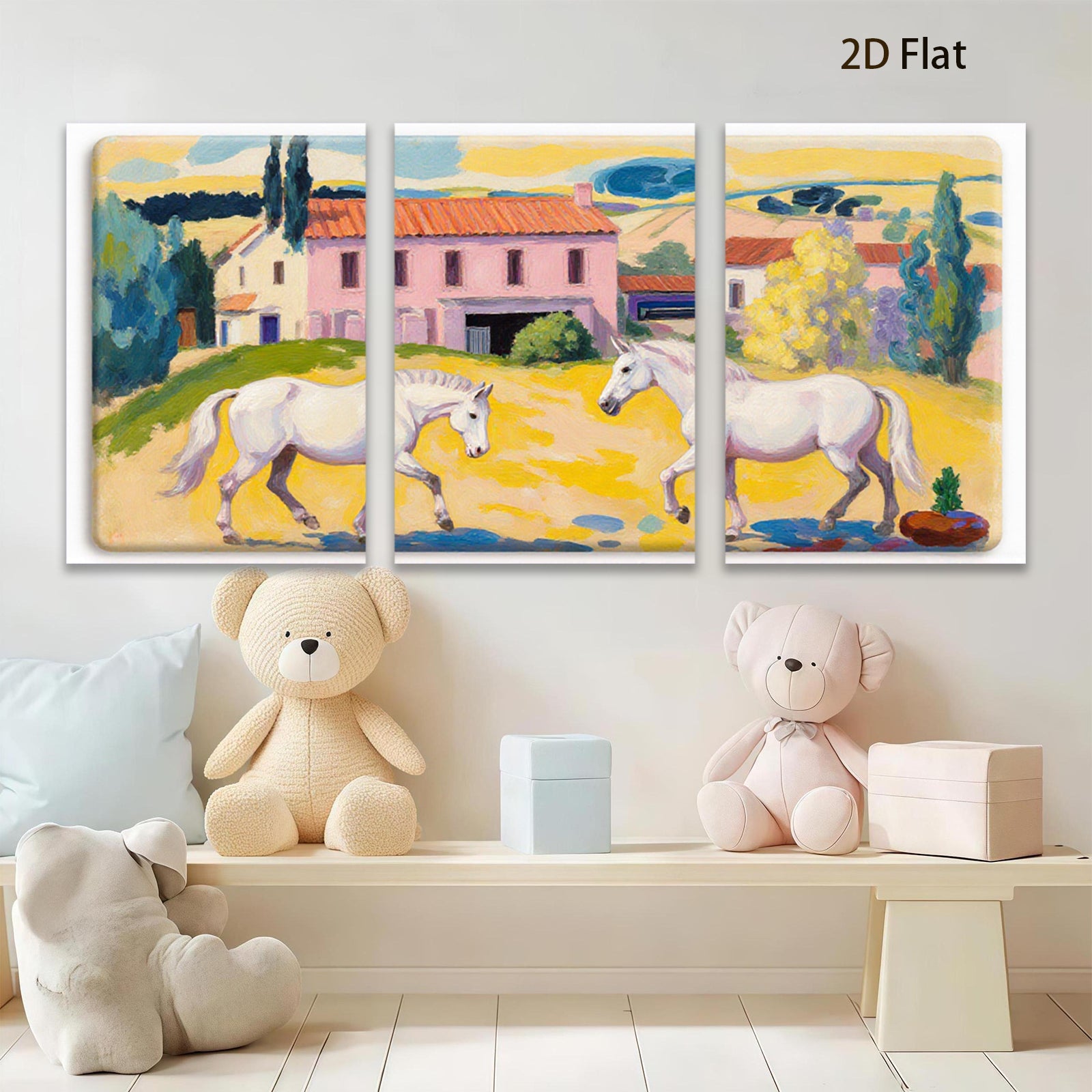 2D flat 1pc White Horses Pastoral Farmhouse Countryside Wall Art Decor Living Room Bedroom Gallery Wrapped Canvas Prints Modern Farmhouse Style