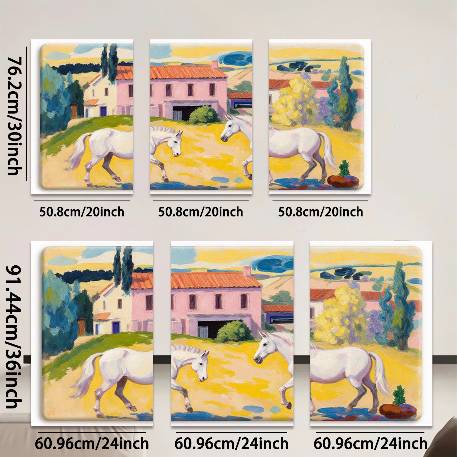 2D flat 1pc White Horses Pastoral Farmhouse Countryside Wall Art Decor Living Room Bedroom Gallery Wrapped Canvas Prints Modern Farmhouse Style