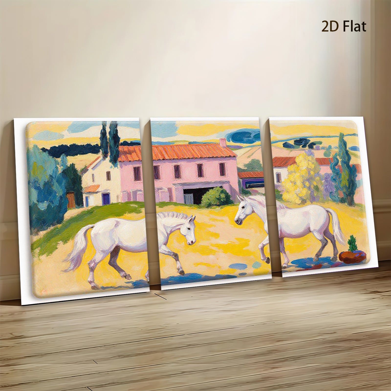 2D flat 1pc White Horses Pastoral Farmhouse Countryside Wall Art Decor Living Room Bedroom Gallery Wrapped Canvas Prints Modern Farmhouse Style