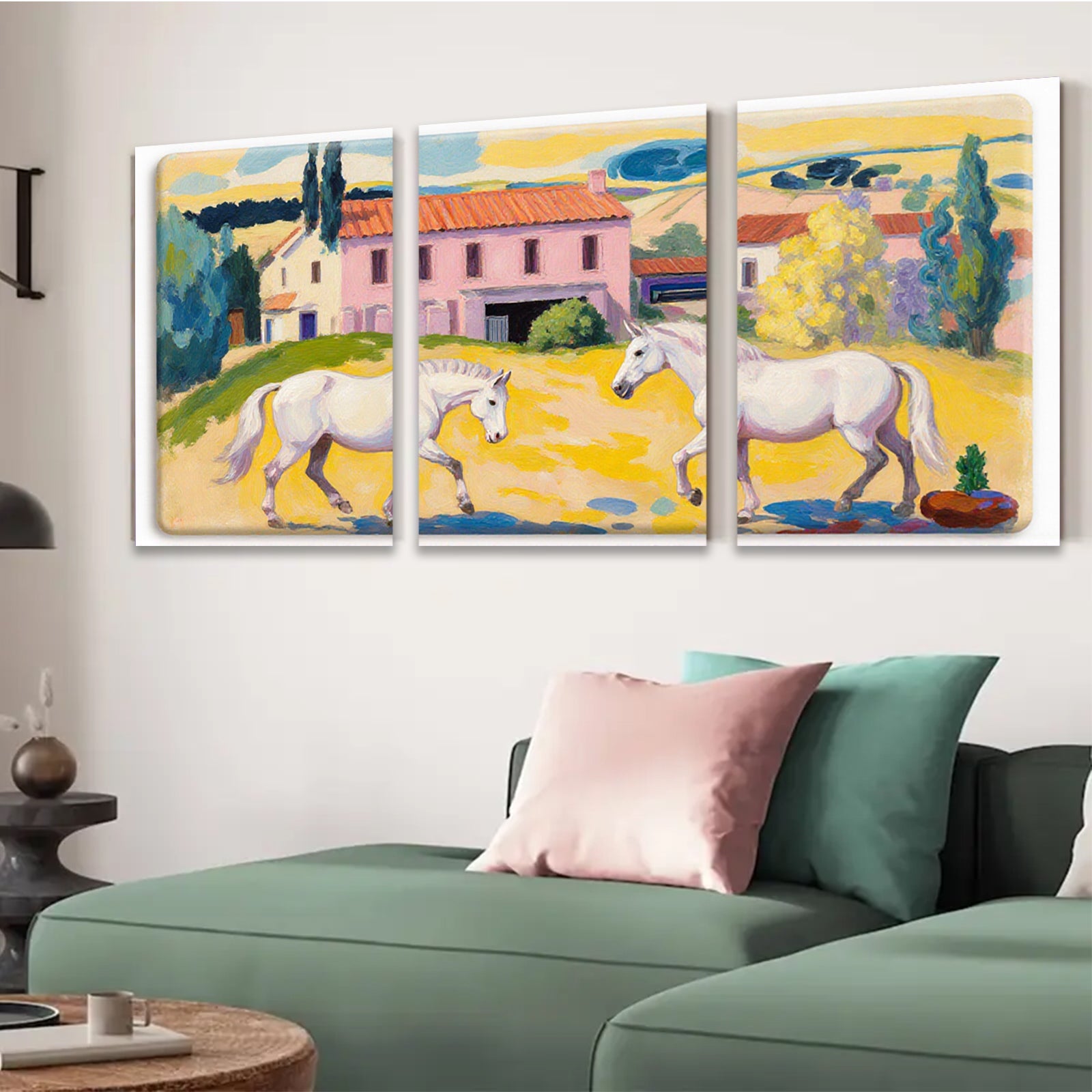 2D flat 1pc White Horses Pastoral Farmhouse Countryside Wall Art Decor Living Room Bedroom Gallery Wrapped Canvas Prints Modern Farmhouse Style
