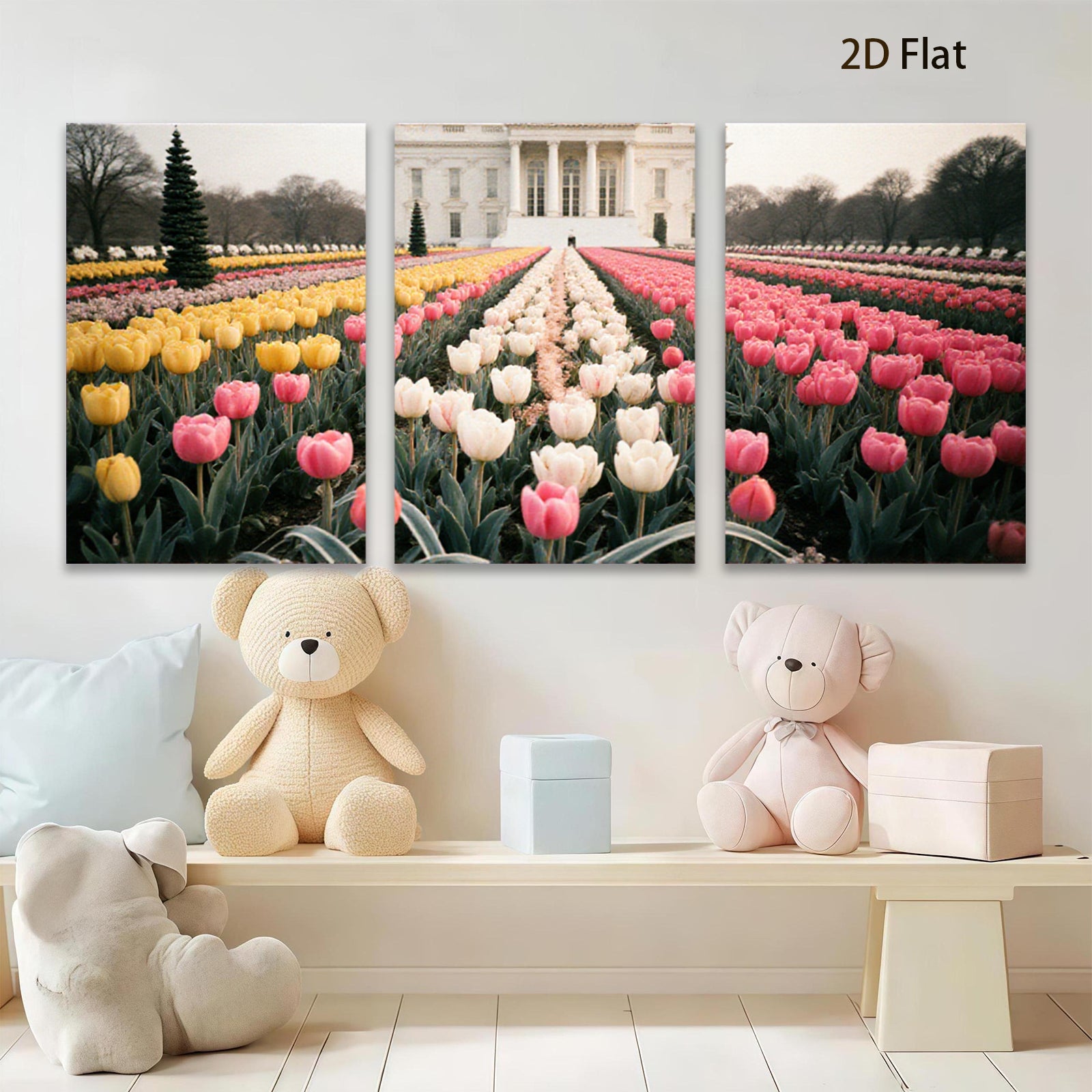 2D flat 1pc White House spring tulips bloom garden wall art living room bedroom decor farmhouse style canvas prints modern home accents