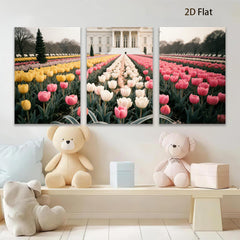 2D flat 1pc White House spring tulips bloom garden wall art living room bedroom decor farmhouse style canvas prints modern home accents