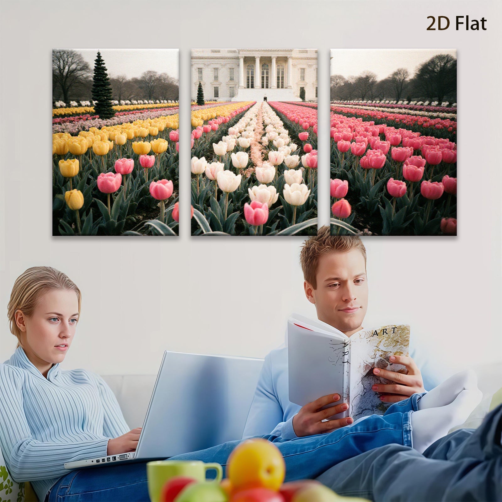 2D flat 1pc White House spring tulips bloom garden wall art living room bedroom decor farmhouse style canvas prints modern home accents
