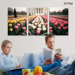 2D flat 1pc White House spring tulips bloom garden wall art living room bedroom decor farmhouse style canvas prints modern home accents