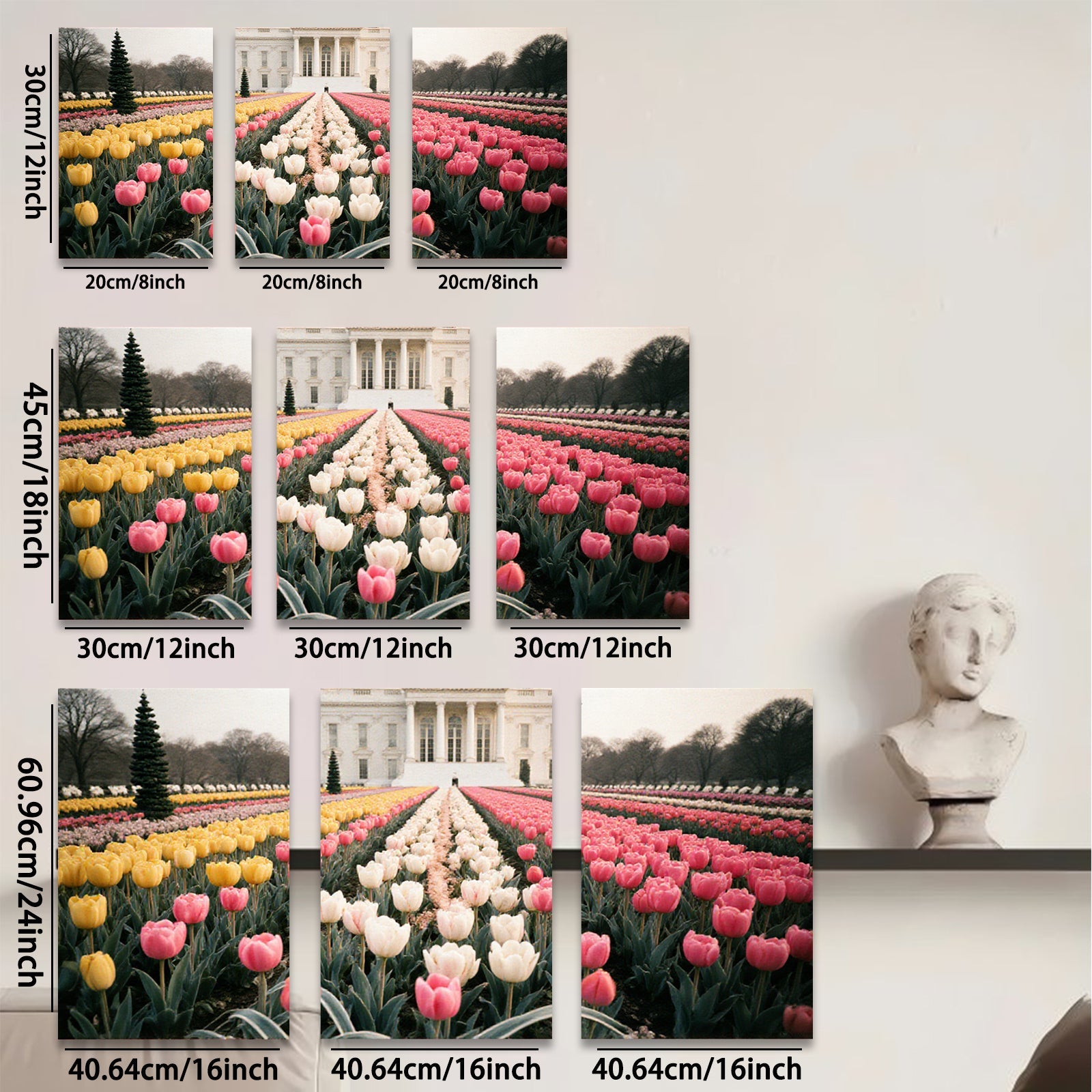 2D flat 1pc White House spring tulips bloom garden wall art living room bedroom decor farmhouse style canvas prints modern home accents