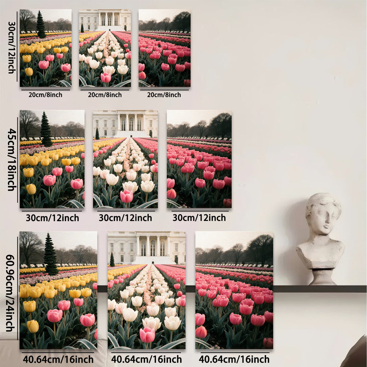 2D flat 1pc White House spring tulips bloom garden wall art living room bedroom decor farmhouse style canvas prints modern home accents