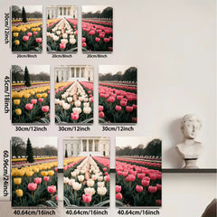 2D flat 1pc White House spring tulips bloom garden wall art living room bedroom decor farmhouse style canvas prints modern home accents