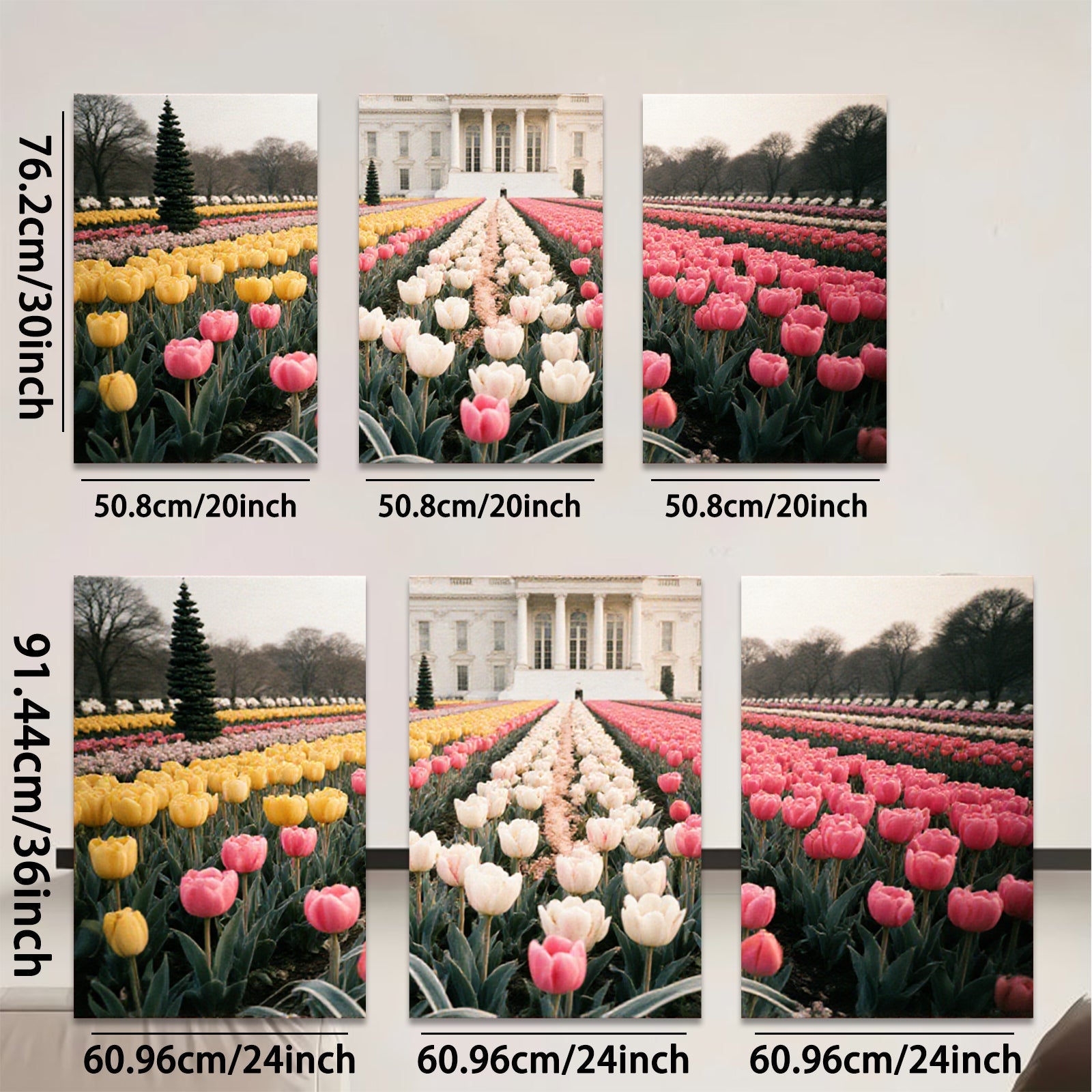 2D flat 1pc White House spring tulips bloom garden wall art living room bedroom decor farmhouse style canvas prints modern home accents