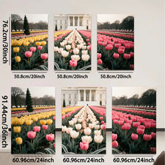 2D flat 1pc White House spring tulips bloom garden wall art living room bedroom decor farmhouse style canvas prints modern home accents