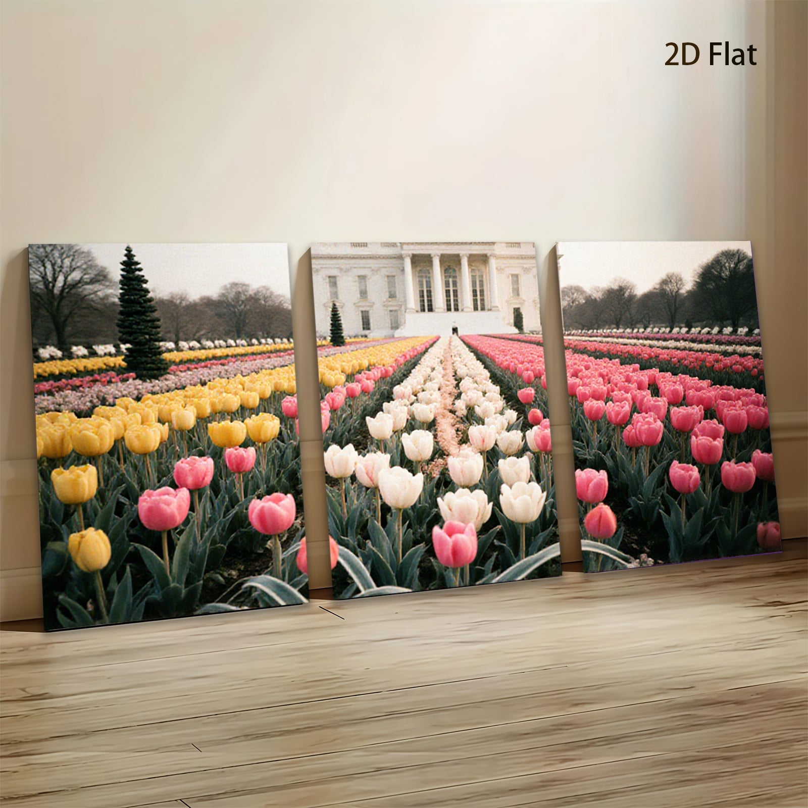 2D flat 1pc White House spring tulips bloom garden wall art living room bedroom decor farmhouse style canvas prints modern home accents