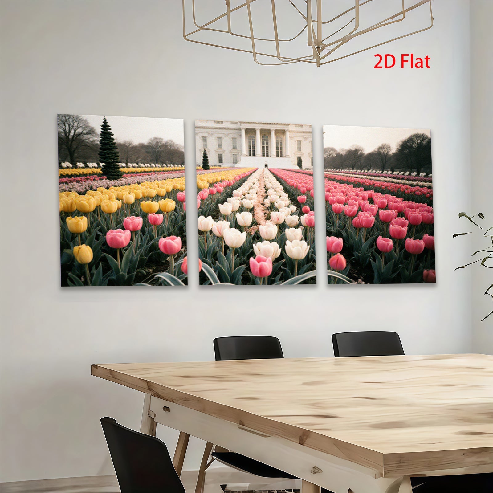 2D flat 1pc White House spring tulips bloom garden wall art living room bedroom decor farmhouse style canvas prints modern home accents