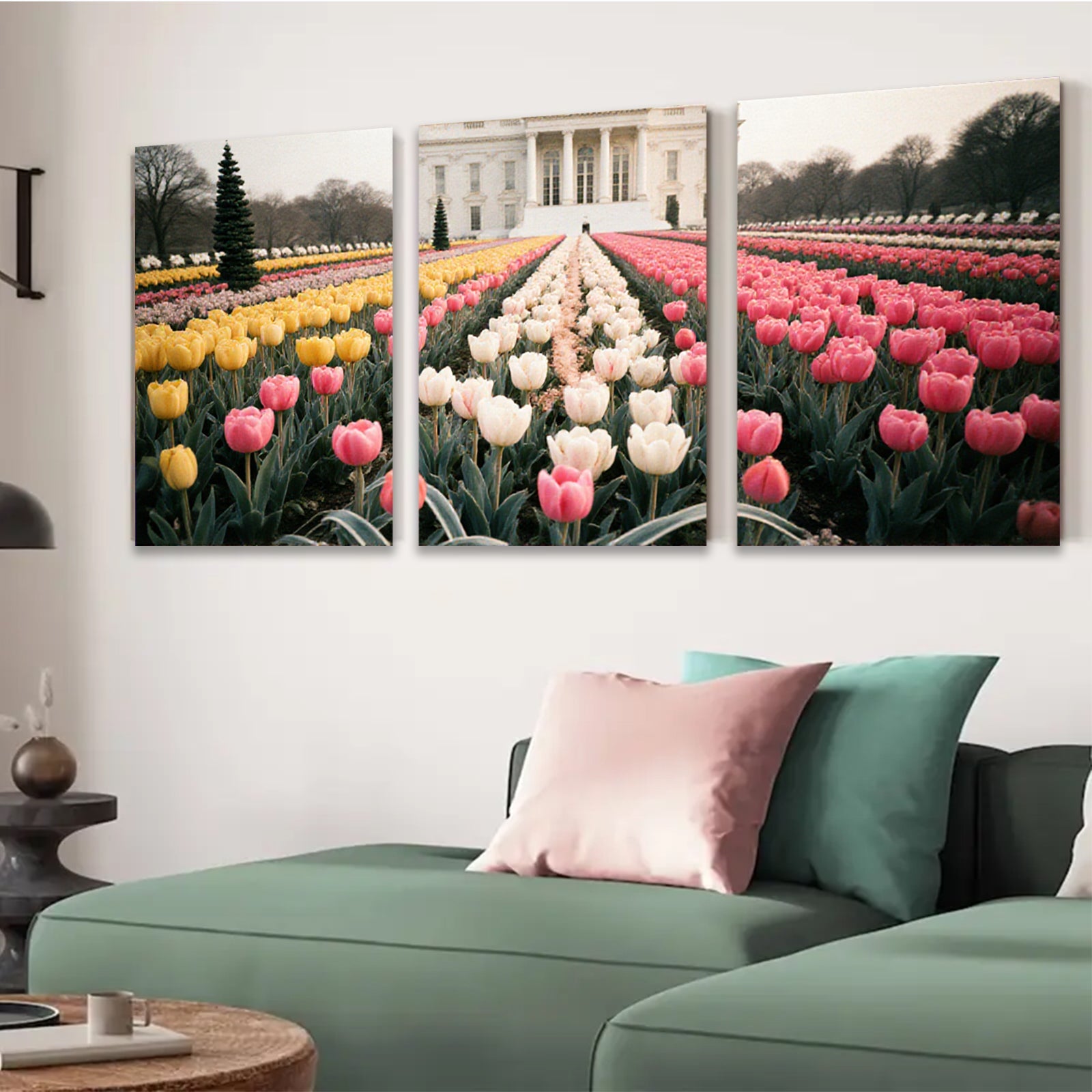 2D flat 1pc White House spring tulips bloom garden wall art living room bedroom decor farmhouse style canvas prints modern home accents