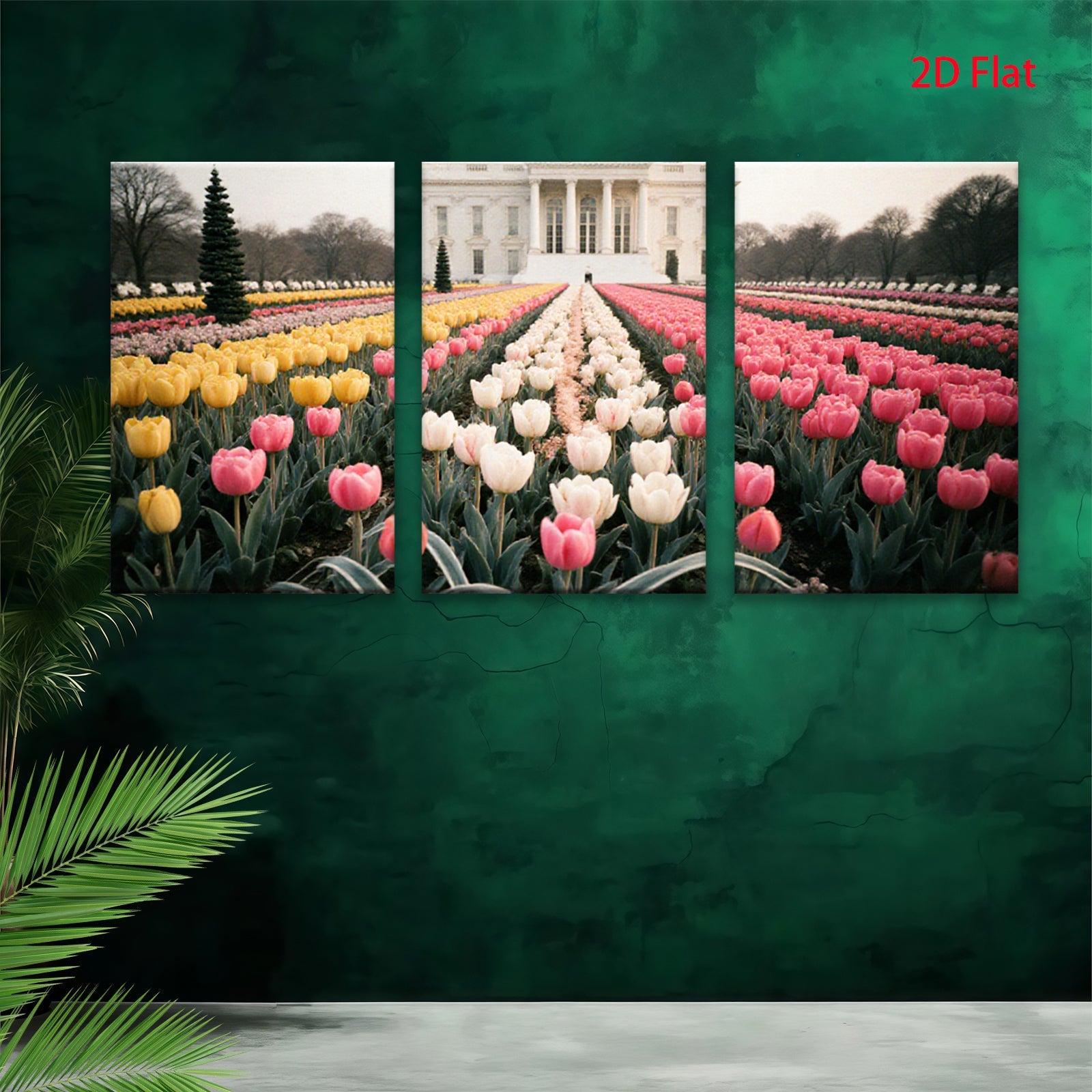 2D flat 1pc White House spring tulips bloom garden wall art living room bedroom decor farmhouse style canvas prints modern home accents