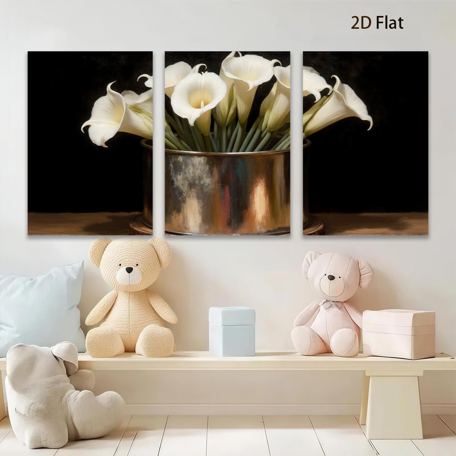 2D flat 1pc White Lilies in Rustic Copper Vase Farmhouse Wall Art Botanical Prints Living Room Dining Room Decor Gallery Wrapped Canvas