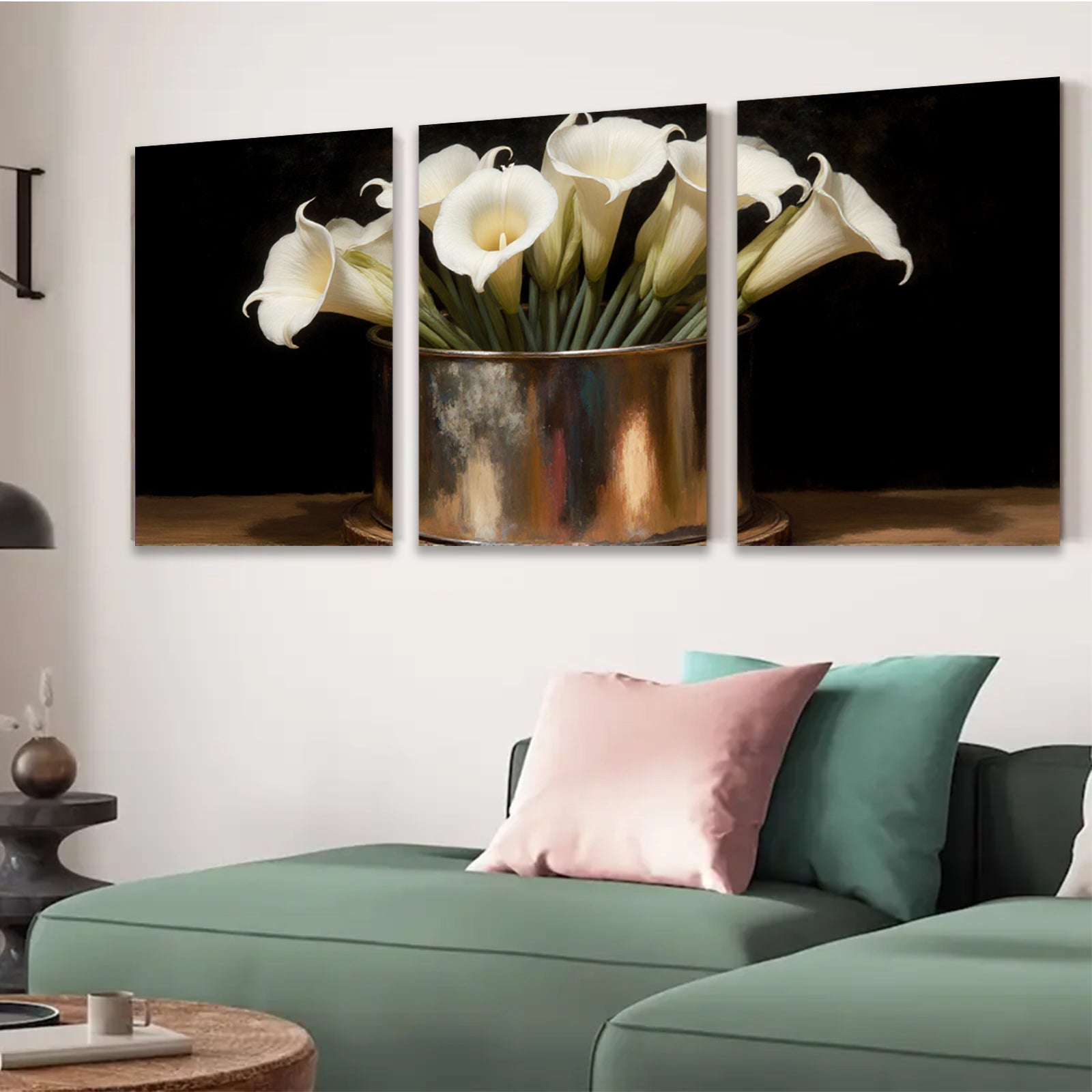 2D flat 1pc White Lilies in Rustic Copper Vase Farmhouse Wall Art Botanical Prints Living Room Dining Room Decor Gallery Wrapped Canvas