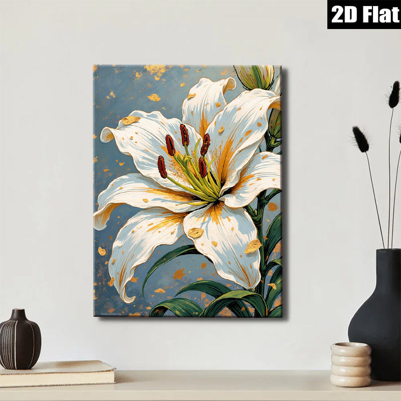 2D flat 1pc White Lily Bloom Floral Wall Art Canvas Prints for Living Room Bedroom Home Decor Farmhouse Style Modern Artwork Gallery Wrapped Ready to Hang