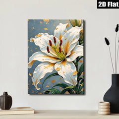 2D flat 1pc White Lily Bloom Floral Wall Art Canvas Prints for Living Room Bedroom Home Decor Farmhouse Style Modern Artwork Gallery Wrapped Ready to Hang
