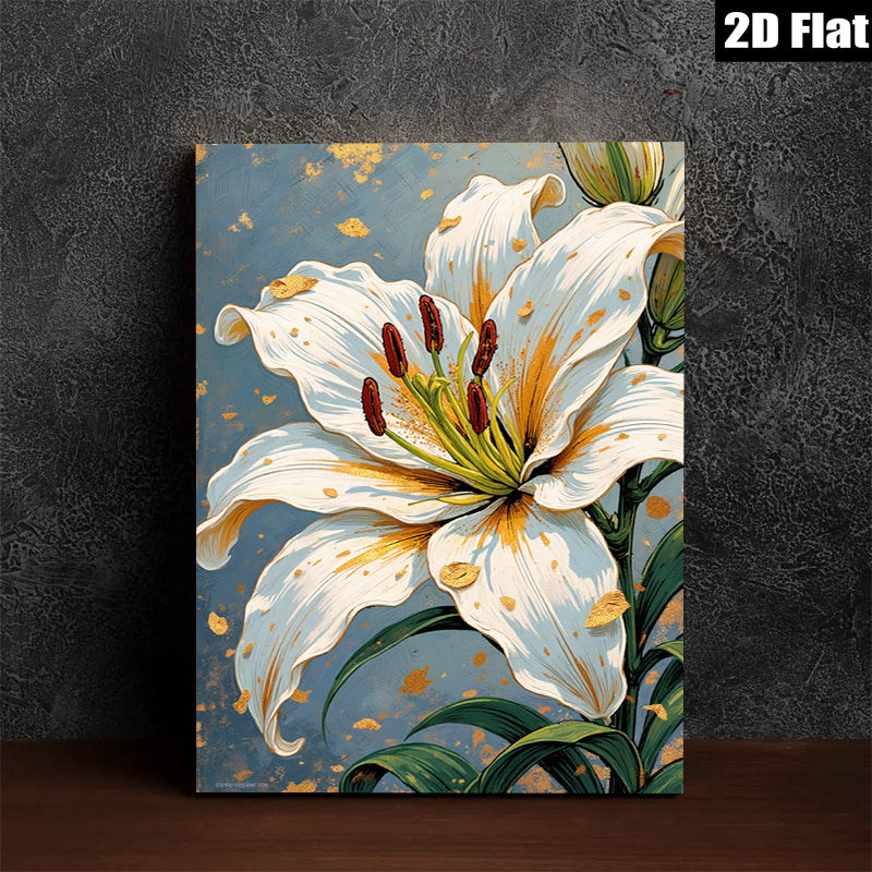 2D flat 1pc White Lily Bloom Floral Wall Art Canvas Prints for Living Room Bedroom Home Decor Farmhouse Style Modern Artwork Gallery Wrapped Ready to Hang