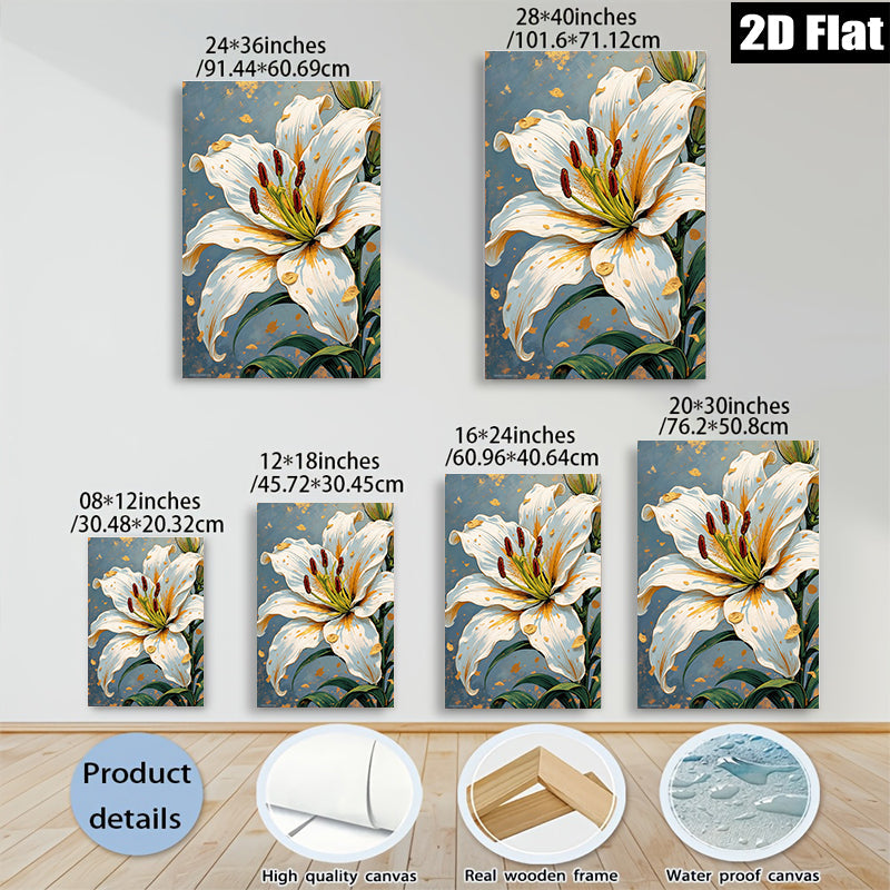 2D flat 1pc White Lily Bloom Floral Wall Art Canvas Prints for Living Room Bedroom Home Decor Farmhouse Style Modern Artwork Gallery Wrapped Ready to Hang
