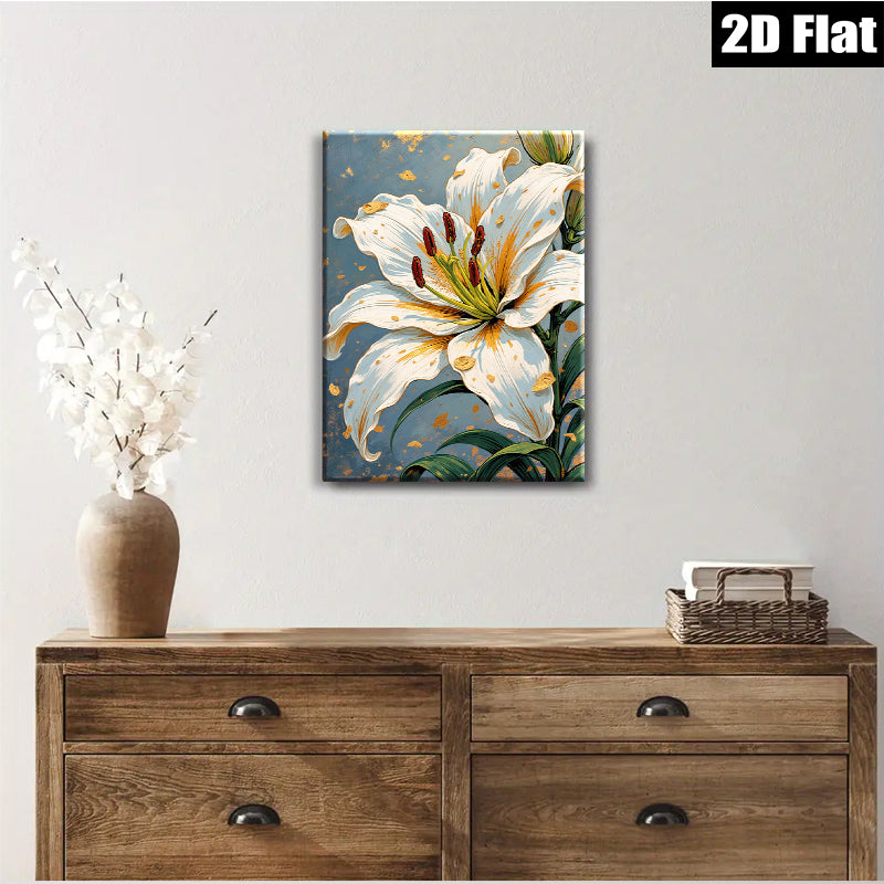 2D flat 1pc White Lily Bloom Floral Wall Art Canvas Prints for Living Room Bedroom Home Decor Farmhouse Style Modern Artwork Gallery Wrapped Ready to Hang