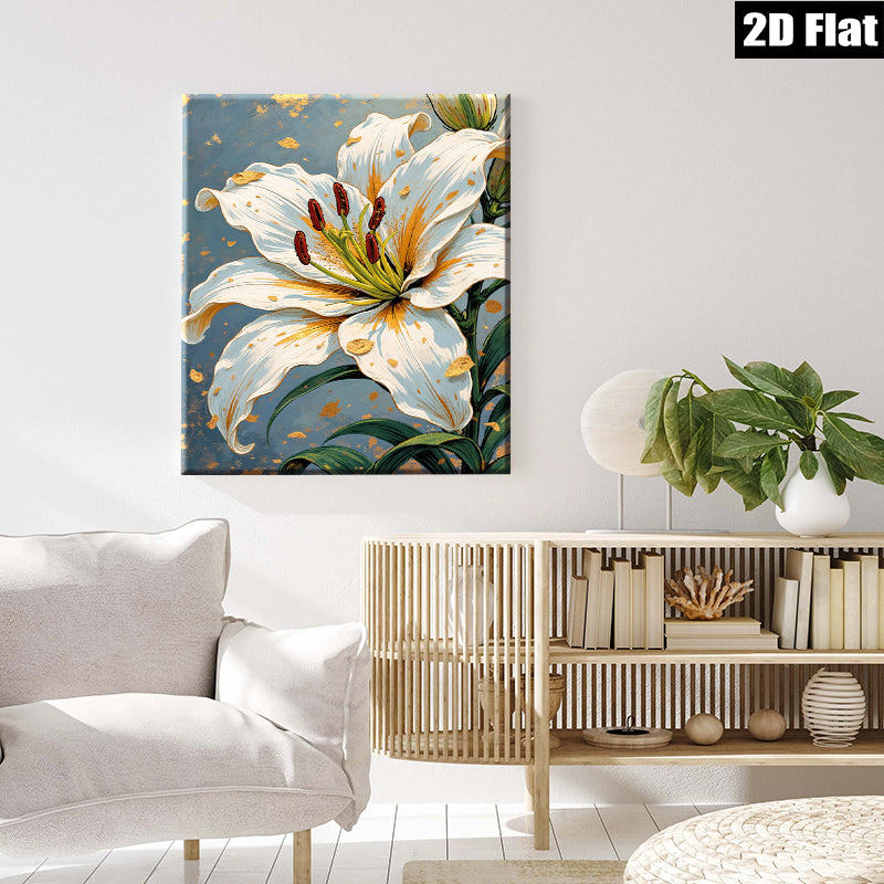 2D flat 1pc White Lily Bloom Floral Wall Art Canvas Prints for Living Room Bedroom Home Decor Farmhouse Style Modern Artwork Gallery Wrapped Ready to Hang