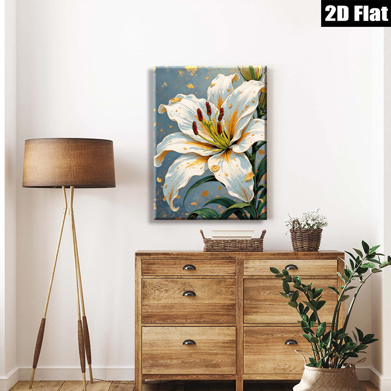 2D flat 1pc White Lily Bloom Floral Wall Art Canvas Prints for Living Room Bedroom Home Decor Farmhouse Style Modern Artwork Gallery Wrapped Ready to Hang