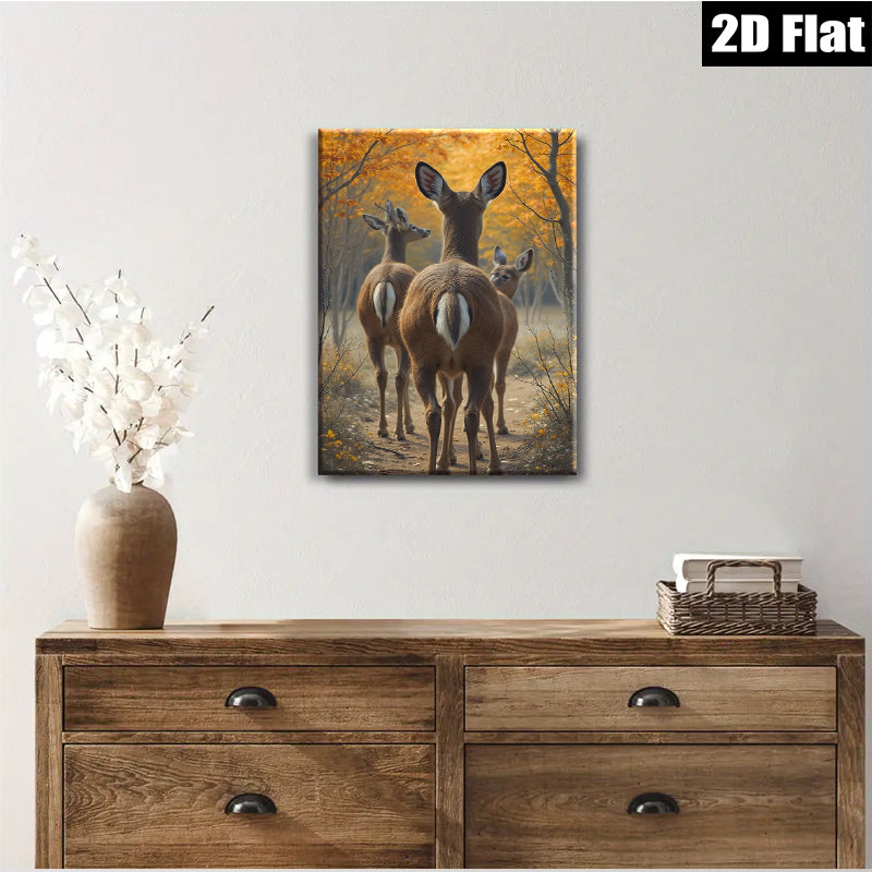 2D flat 1pc Whitetail Deer Forest Trail Autumn Woodland Wildlife Canvas Wall Art for Living Room Bedroom Home Decor Farmhouse Style Modern Rustic Gallery Wrapped