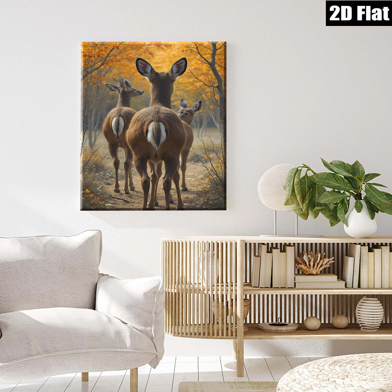 2D flat 1pc Whitetail Deer Forest Trail Autumn Woodland Wildlife Canvas Wall Art for Living Room Bedroom Home Decor Farmhouse Style Modern Rustic Gallery Wrapped